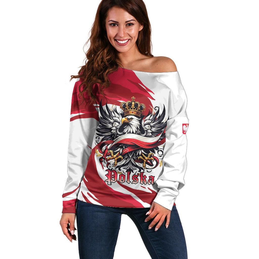 Poland National Flag Day Off Shoulder Sweater Fierce Polish Eagle Crown
