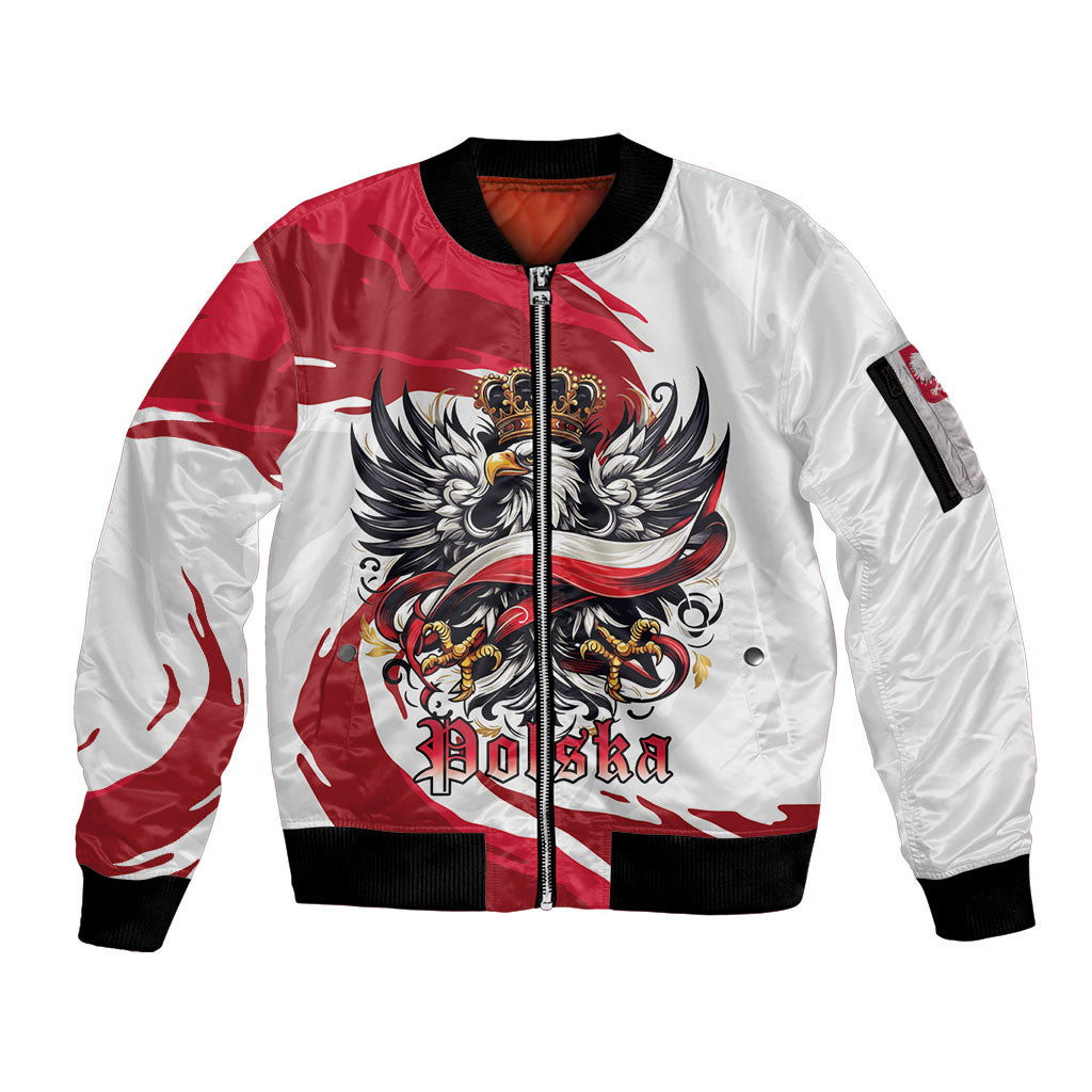 Poland National Flag Day Sleeve Zip Bomber Jacket Fierce Polish Eagle Crown