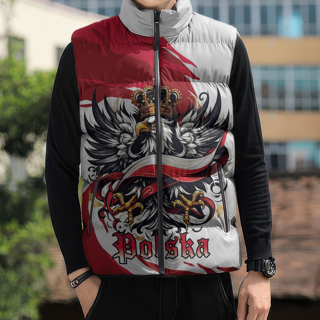 Poland National Flag Day Sleeveless Puffer Jacket Fierce Polish Eagle Crown