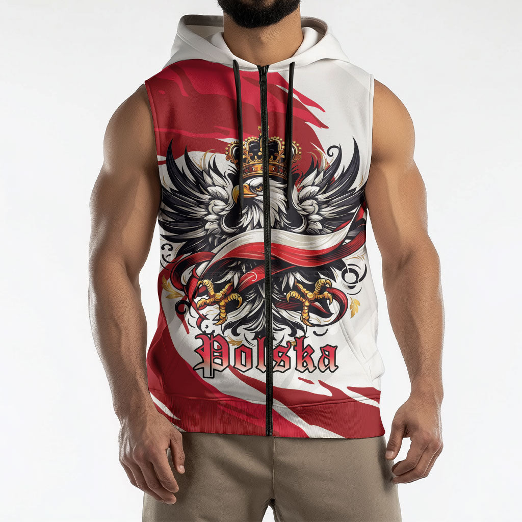 Poland National Flag Day Sleeveless Zip Hoodie Fierce Polish Eagle Crown