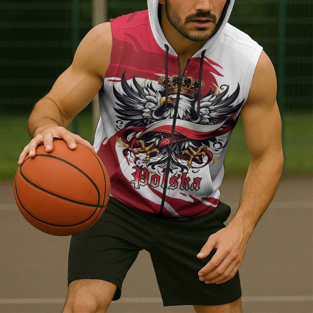 Poland National Flag Day Sleeveless Zip Hoodie Fierce Polish Eagle Crown