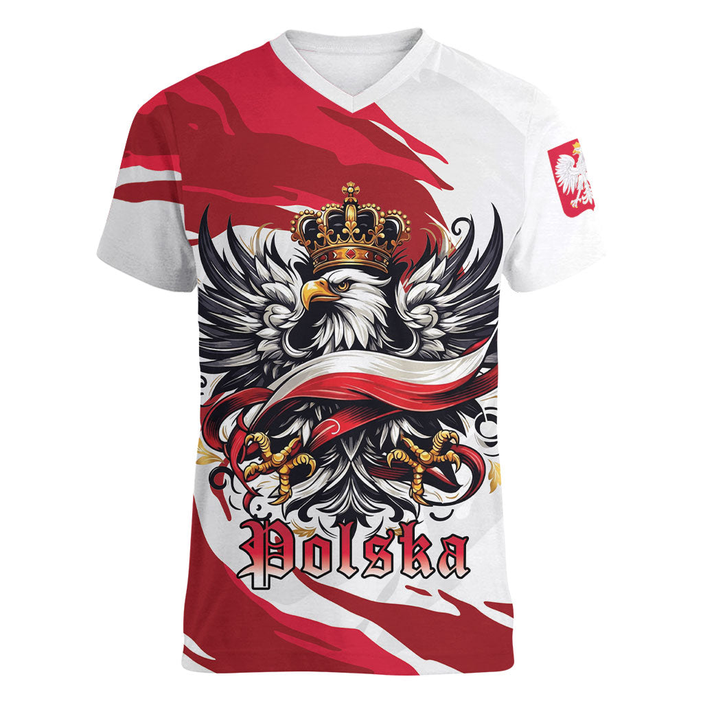 Poland National Flag Day Women V-Neck T-Shirt Fierce Polish Eagle Crown