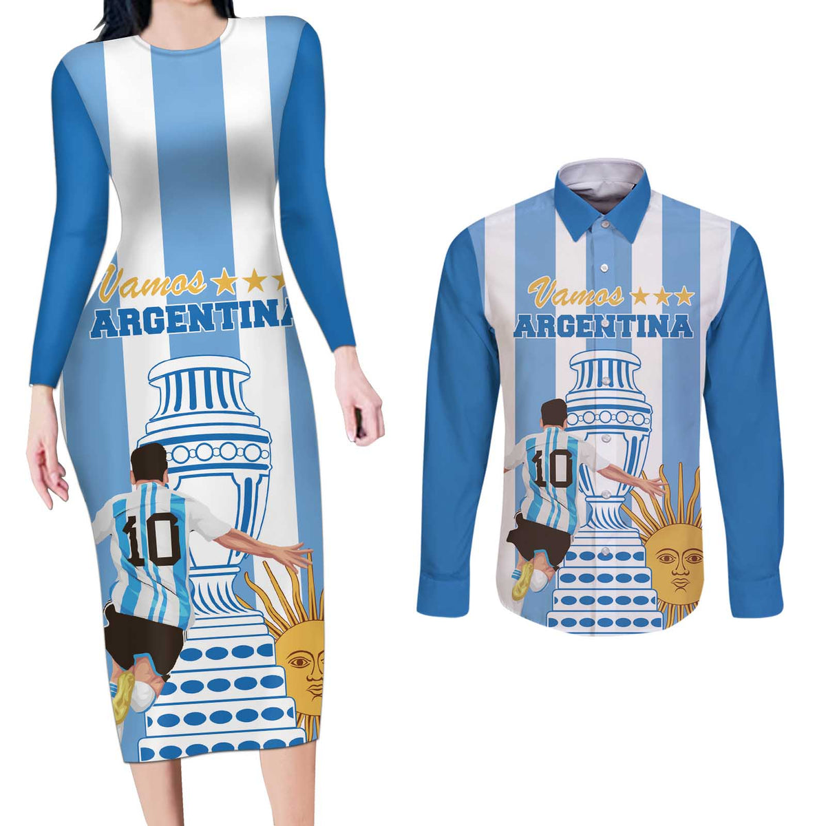 Custom Argentina Football Couples Matching Long Sleeve Bodycon Dress and Long Sleeve Button Shirt Go Champions 2024 - Wonder Print Shop