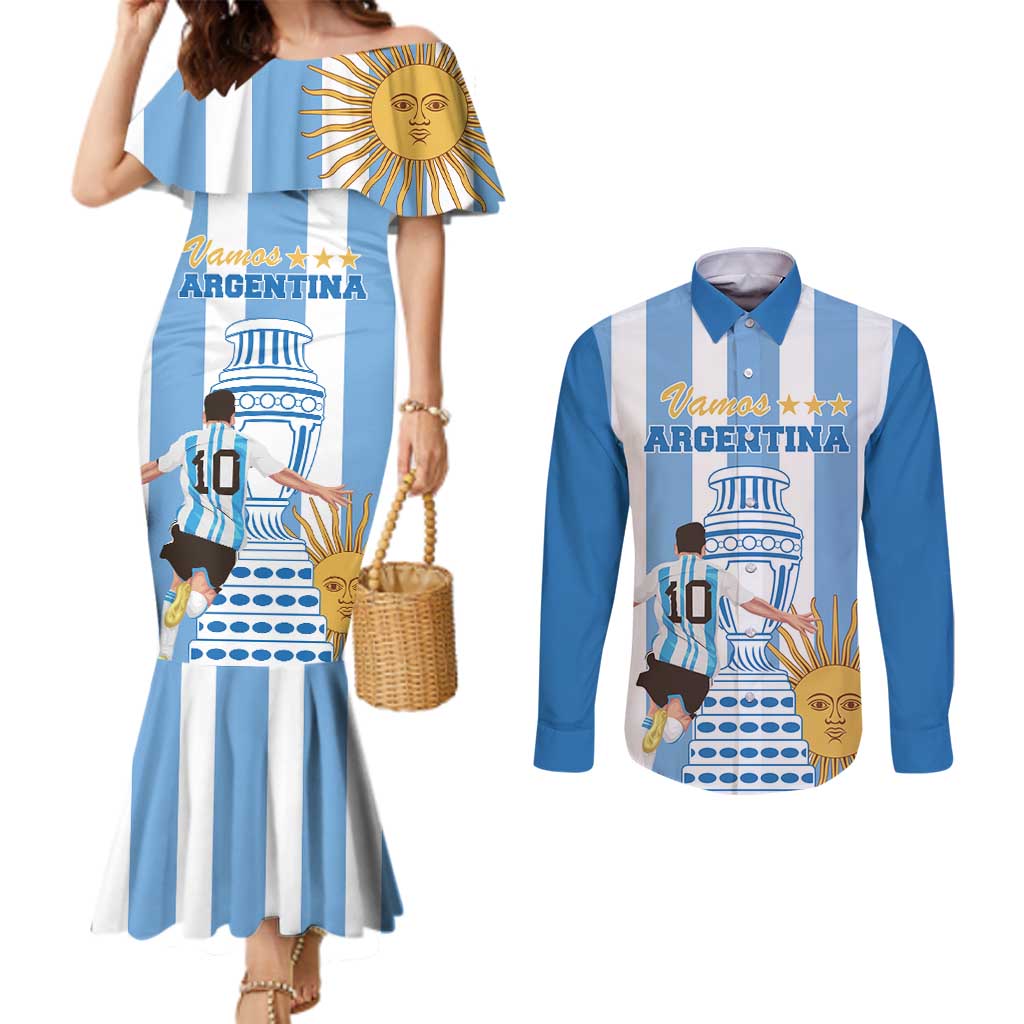 Custom Argentina Football Couples Matching Mermaid Dress and Long Sleeve Button Shirt Go Champions 2024