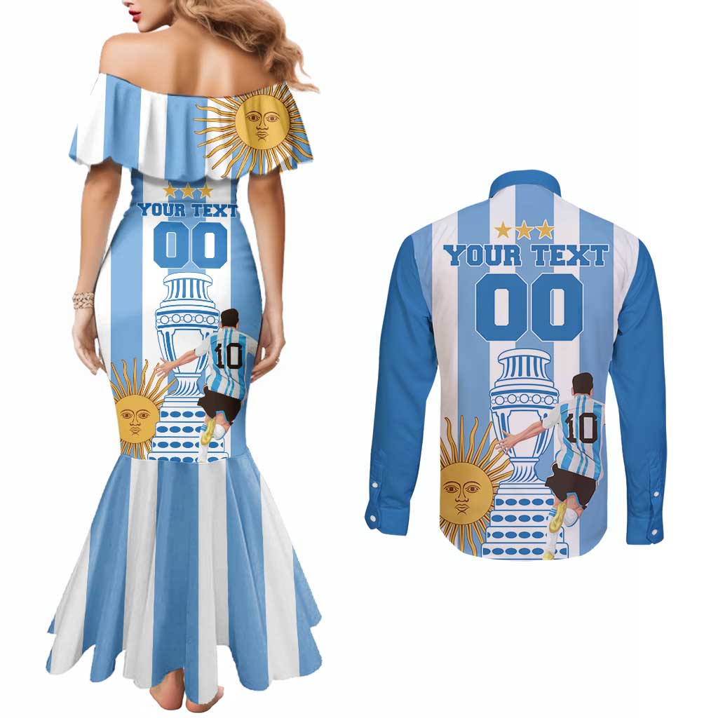 Custom Argentina Football Couples Matching Mermaid Dress and Long Sleeve Button Shirt Go Champions 2024