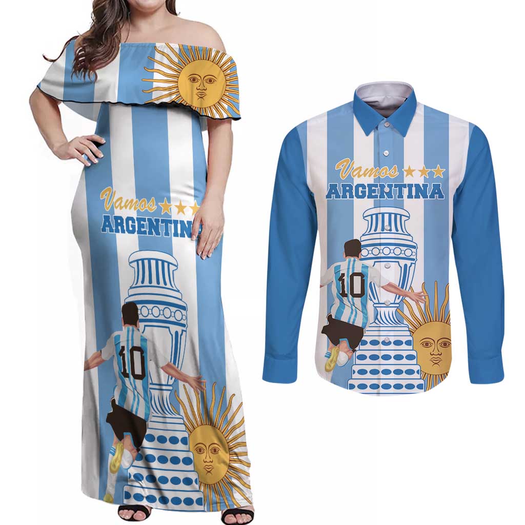 Custom Argentina Football Couples Matching Off Shoulder Maxi Dress and Long Sleeve Button Shirt Go Champions 2024 - Wonder Print Shop