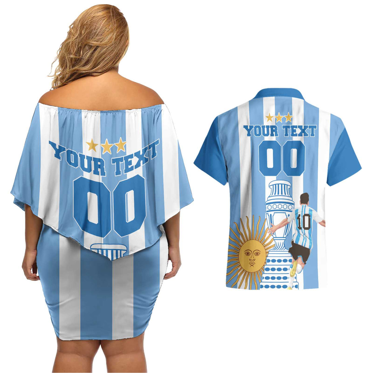 Custom Argentina Football Couples Matching Off Shoulder Short Dress and Hawaiian Shirt Go Champions 2024 - Wonder Print Shop