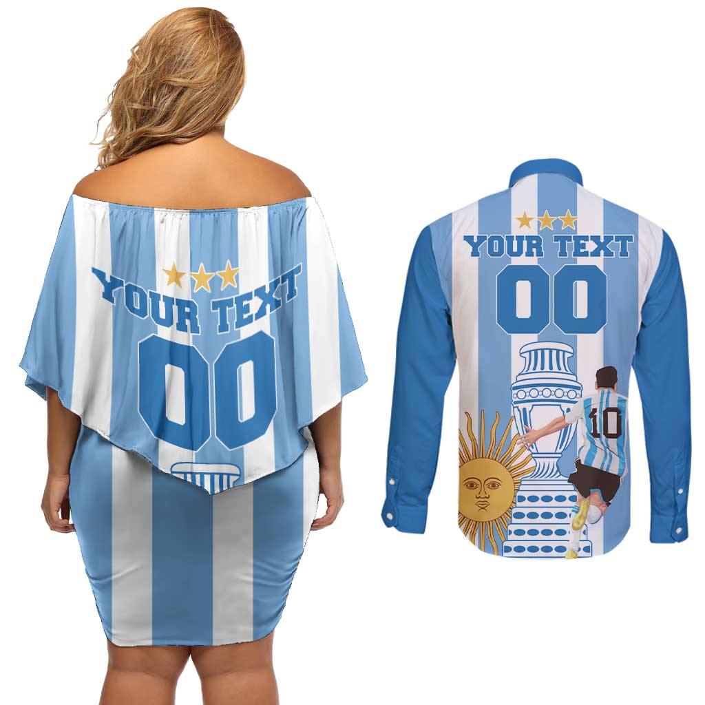 Custom Argentina Football Couples Matching Off Shoulder Short Dress and Long Sleeve Button Shirt Go Champions 2024 - Wonder Print Shop