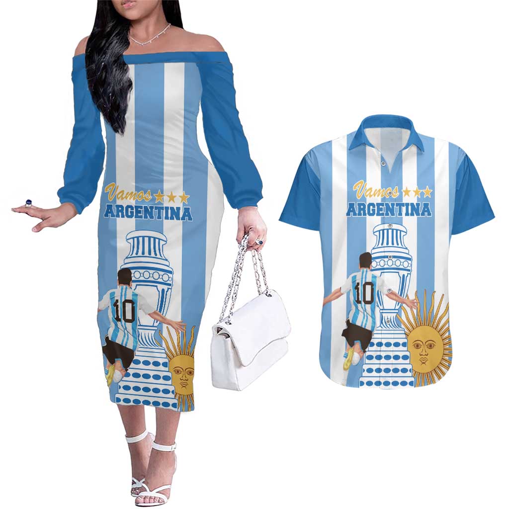 Custom Argentina Football Couples Matching Off The Shoulder Long Sleeve Dress and Hawaiian Shirt Go Champions 2024 - Wonder Print Shop