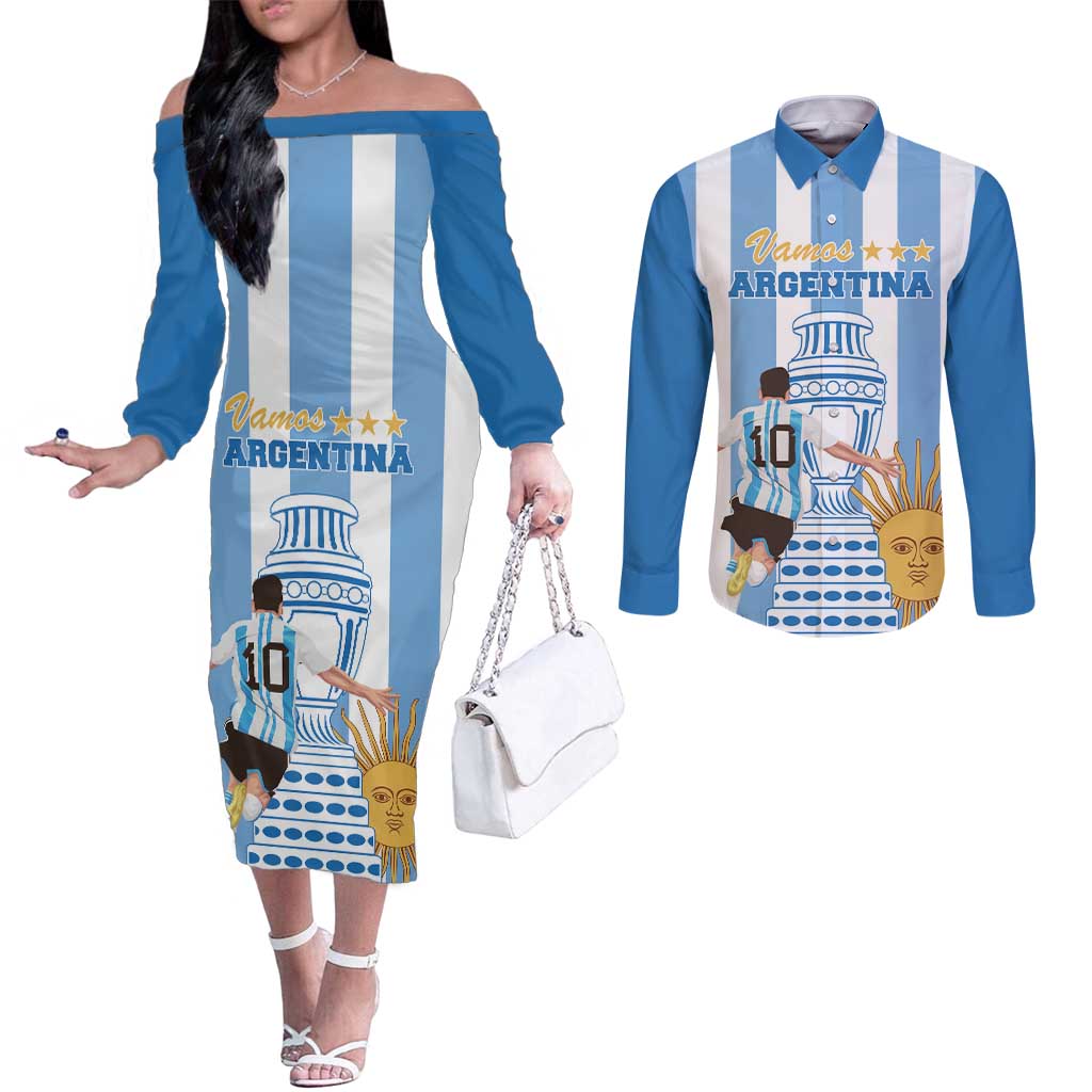 Custom Argentina Football Couples Matching Off The Shoulder Long Sleeve Dress and Long Sleeve Button Shirt Go Champions 2024