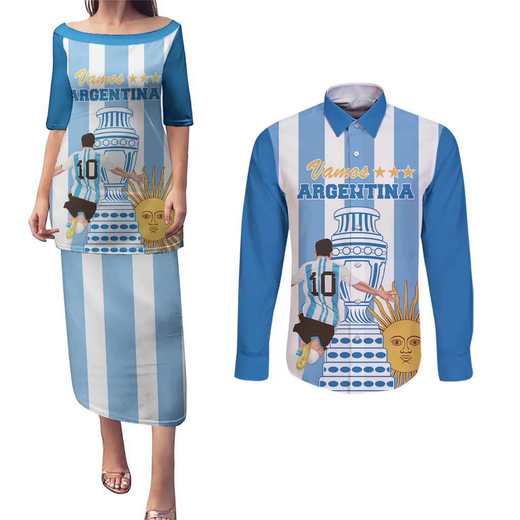 Custom Argentina Football Couples Matching Puletasi and Long Sleeve Button Shirt Go Champions 2024 - Wonder Print Shop