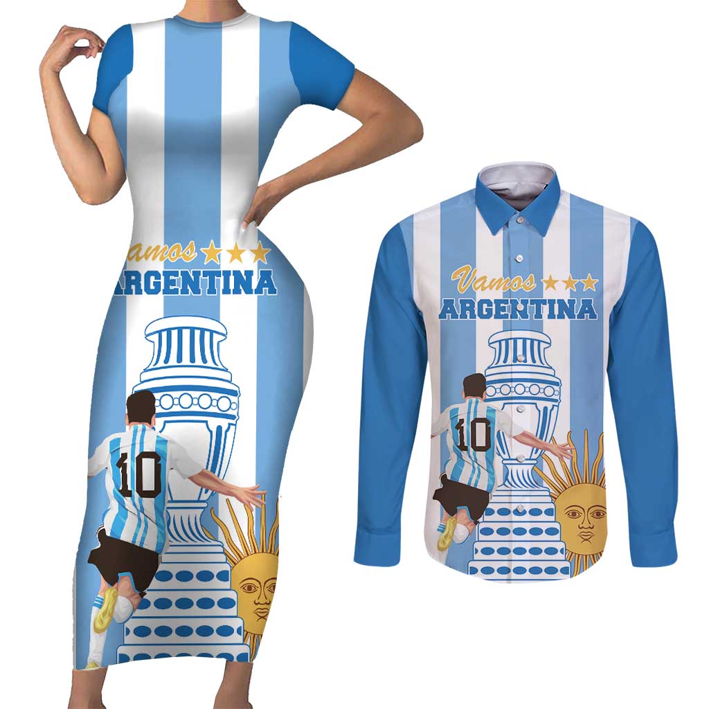 Custom Argentina Football Couples Matching Short Sleeve Bodycon Dress and Long Sleeve Button Shirt Go Champions 2024 - Wonder Print Shop