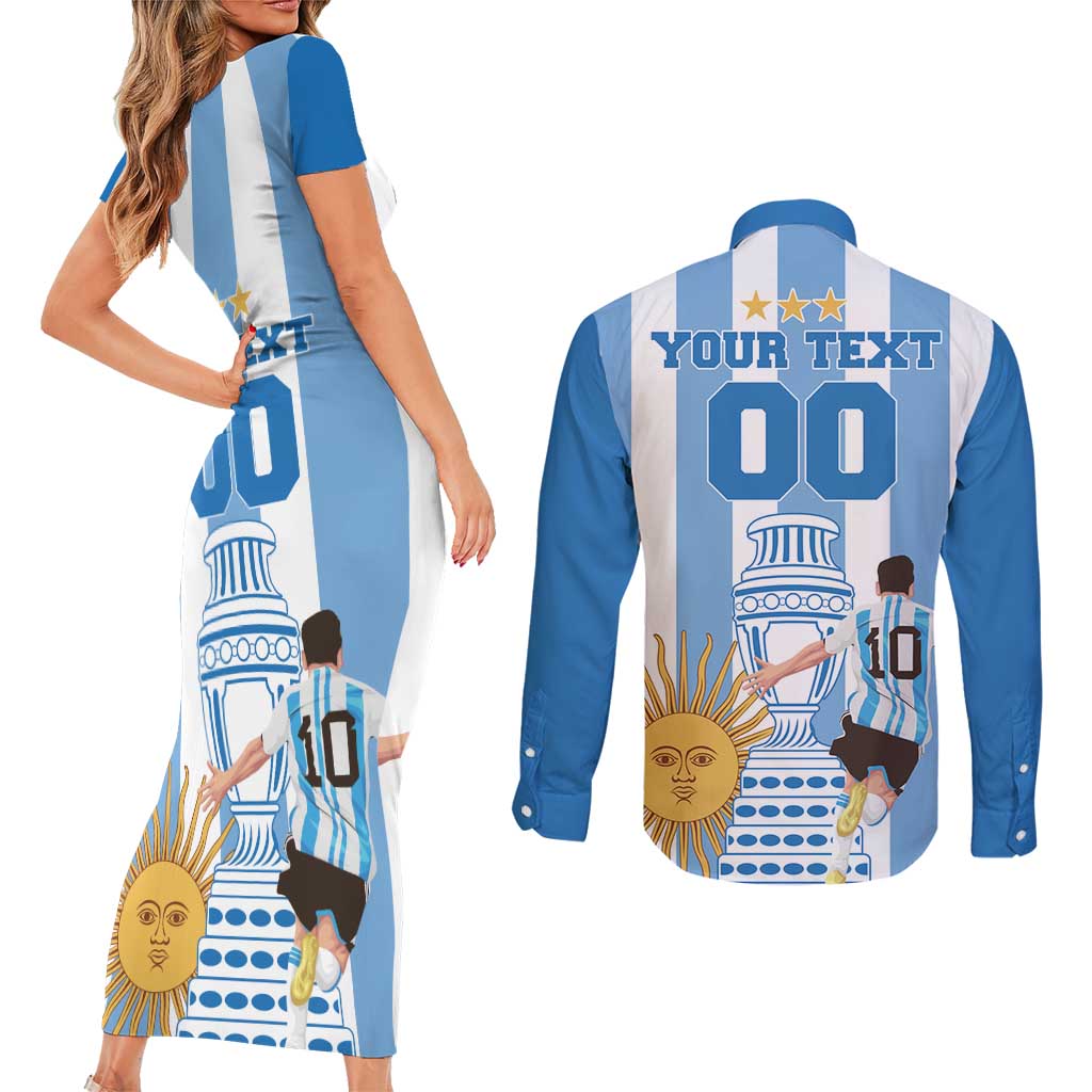 Custom Argentina Football Couples Matching Short Sleeve Bodycon Dress and Long Sleeve Button Shirt Go Champions 2024 - Wonder Print Shop