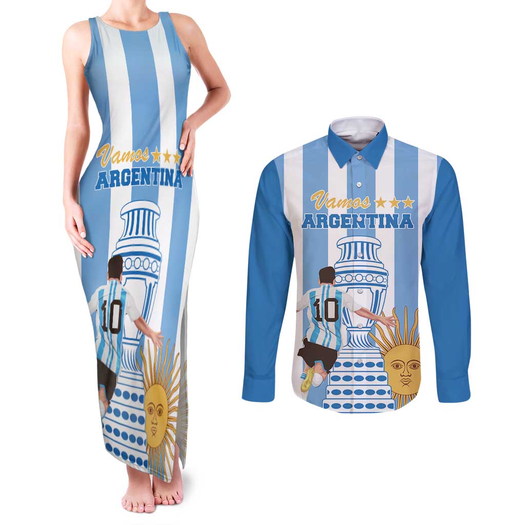 Custom Argentina Football Couples Matching Tank Maxi Dress and Long Sleeve Button Shirt Go Champions 2024 - Wonder Print Shop