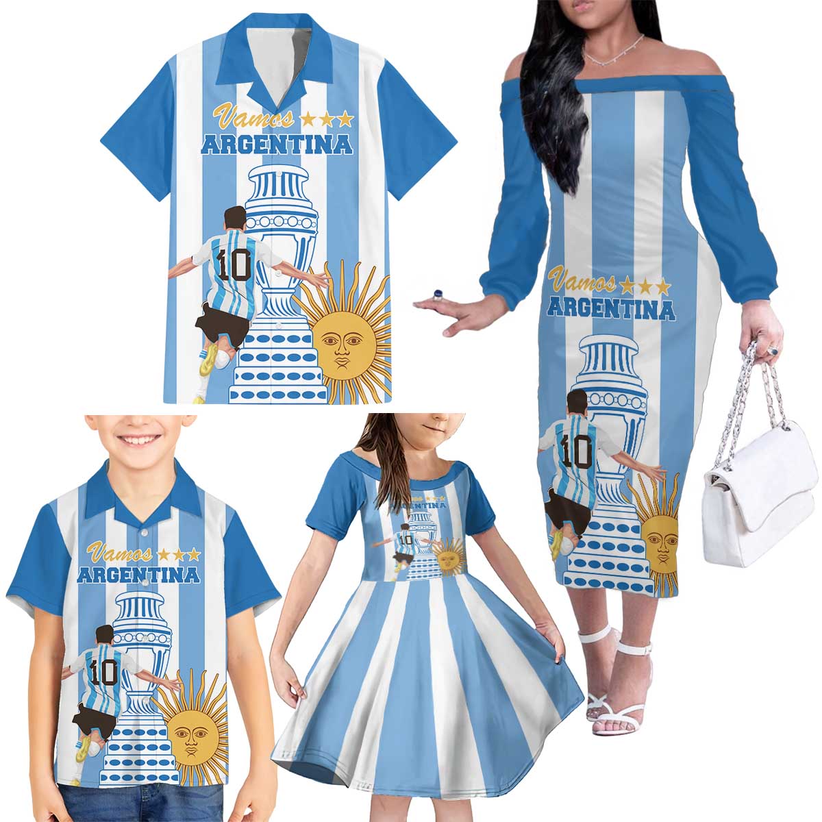 Custom Argentina Football Family Matching Off The Shoulder Long Sleeve Dress and Hawaiian Shirt Go Champions 2024 - Wonder Print Shop