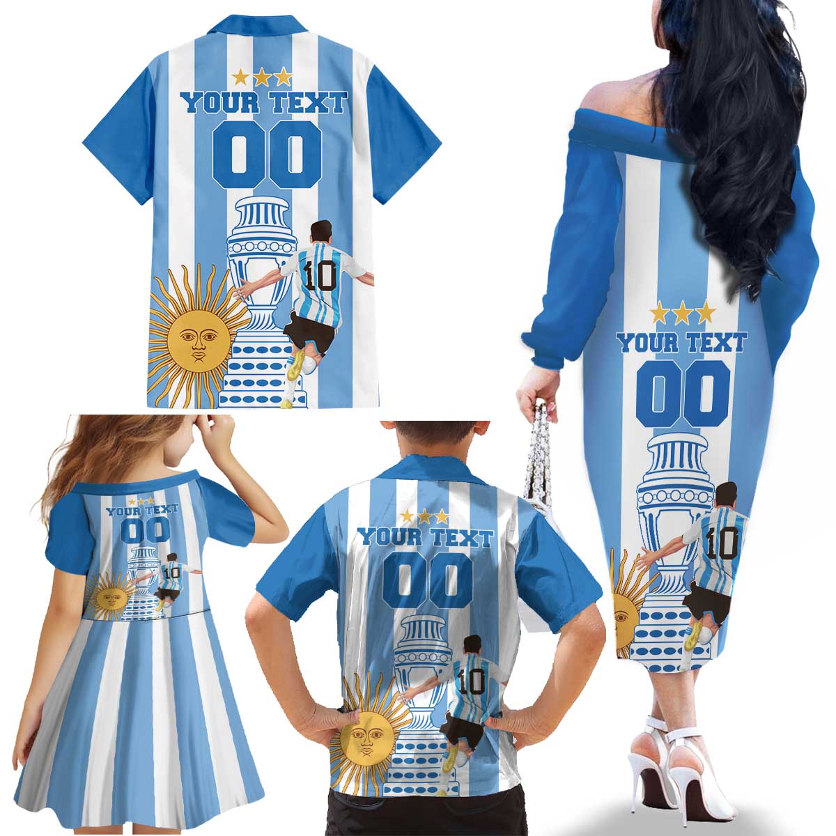 Custom Argentina Football Family Matching Off The Shoulder Long Sleeve Dress and Hawaiian Shirt Go Champions 2024 - Wonder Print Shop