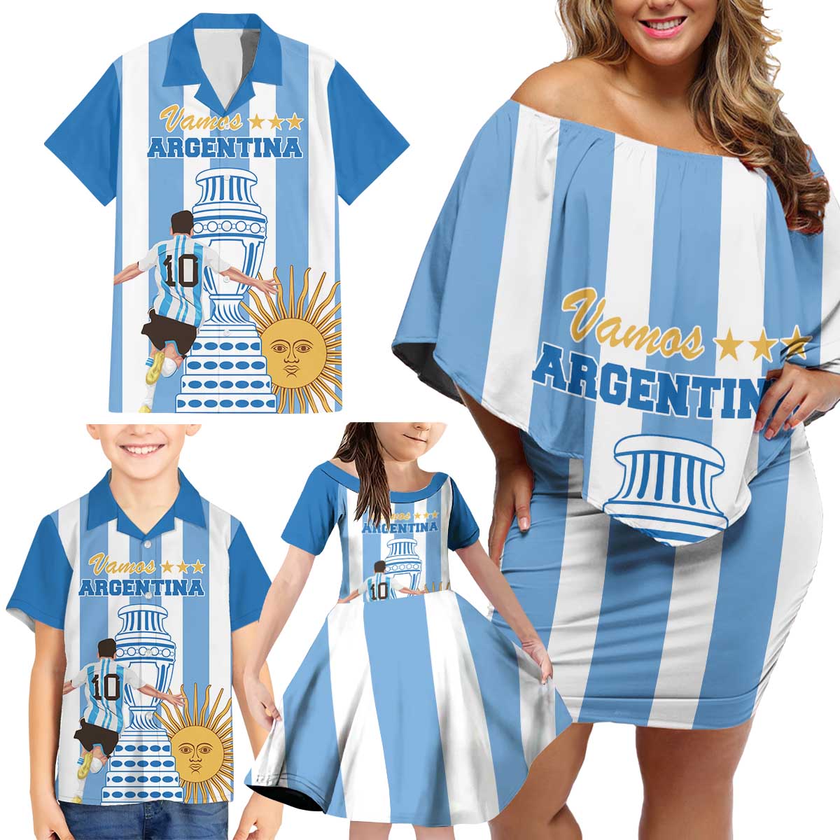 Custom Argentina Football Family Matching Off Shoulder Short Dress and Hawaiian Shirt Go Champions 2024 - Wonder Print Shop