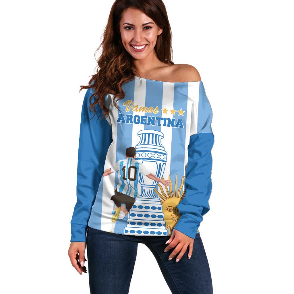 Custom Argentina Football Off Shoulder Sweater Go Champions 2024 - Wonder Print Shop