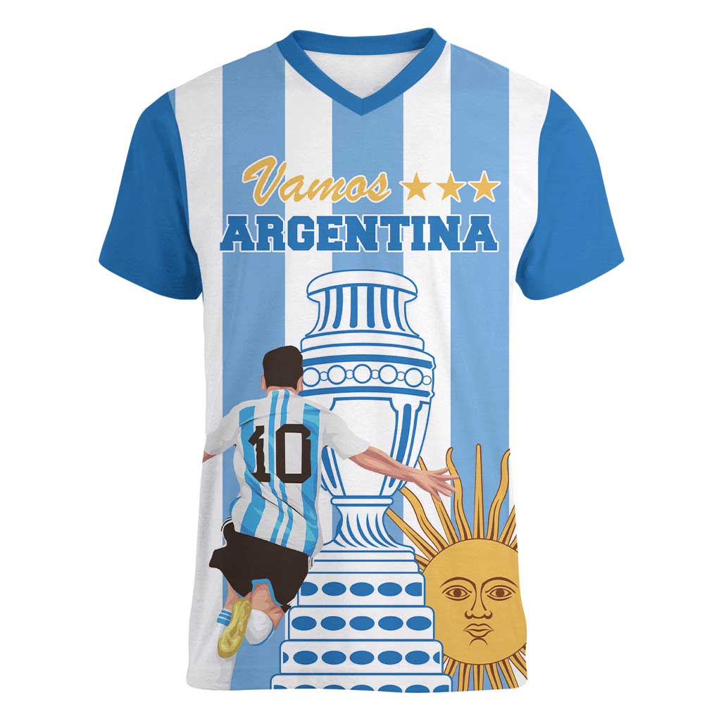 Custom Argentina Football Women V-Neck T-Shirt Go Champions 2024 - Wonder Print Shop