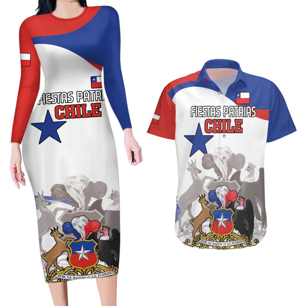 Custom Fiestas Patrias Chile Couples Matching Long Sleeve Bodycon Dress and Hawaiian Shirt Coat Of Arms - Wonder Print Shop