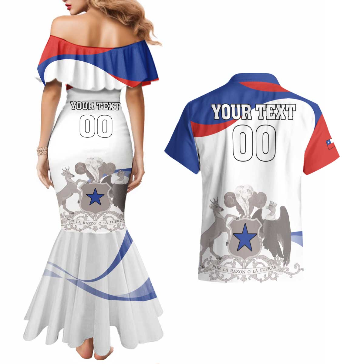 Custom Fiestas Patrias Chile Couples Matching Mermaid Dress and Hawaiian Shirt Coat Of Arms - Wonder Print Shop