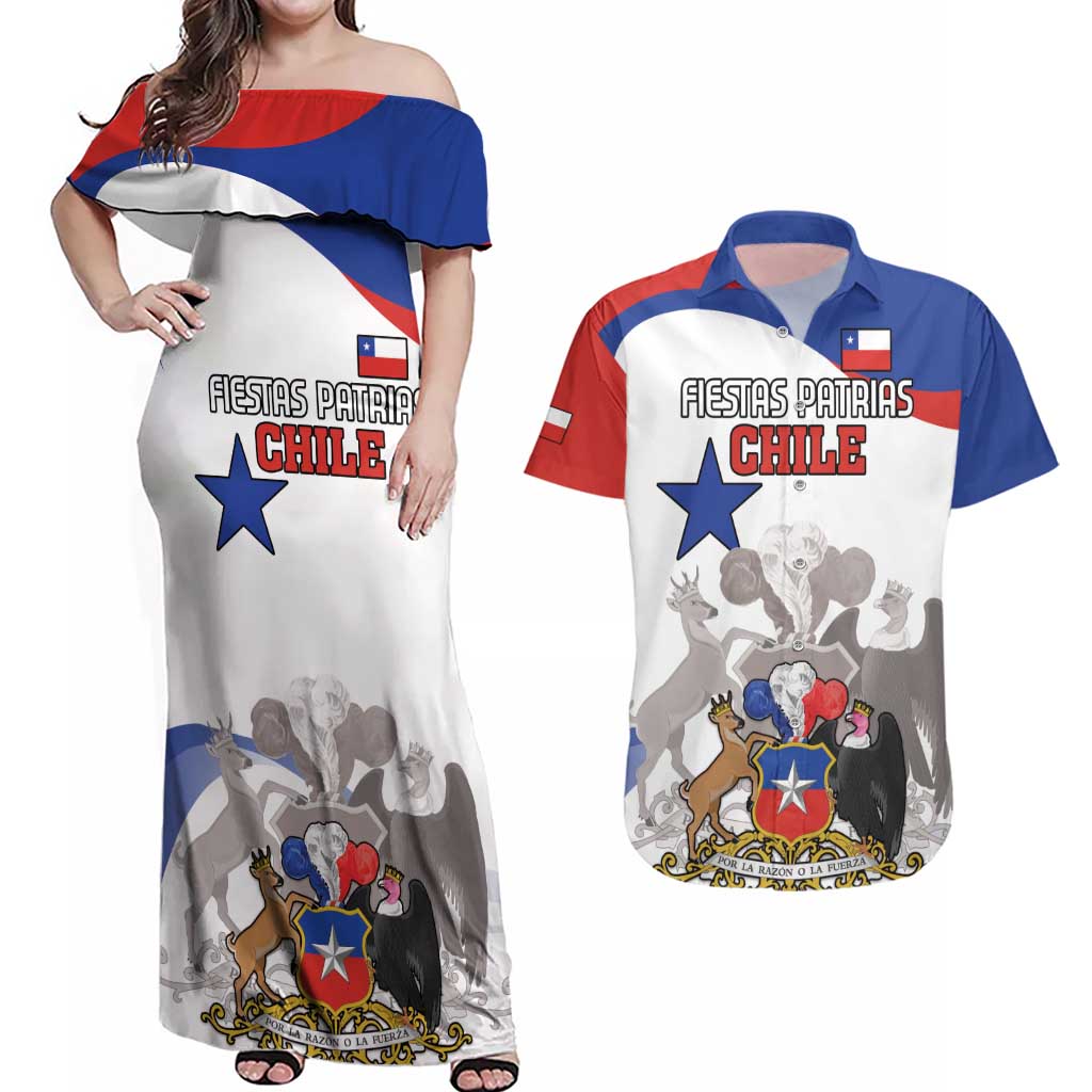 Custom Fiestas Patrias Chile Couples Matching Off Shoulder Maxi Dress and Hawaiian Shirt Coat Of Arms - Wonder Print Shop