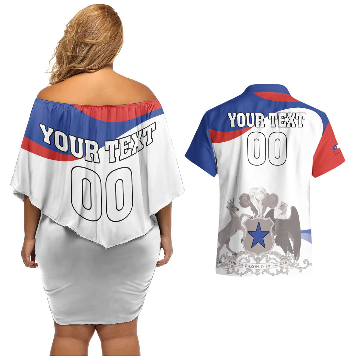 Custom Fiestas Patrias Chile Couples Matching Off Shoulder Short Dress and Hawaiian Shirt Coat Of Arms - Wonder Print Shop