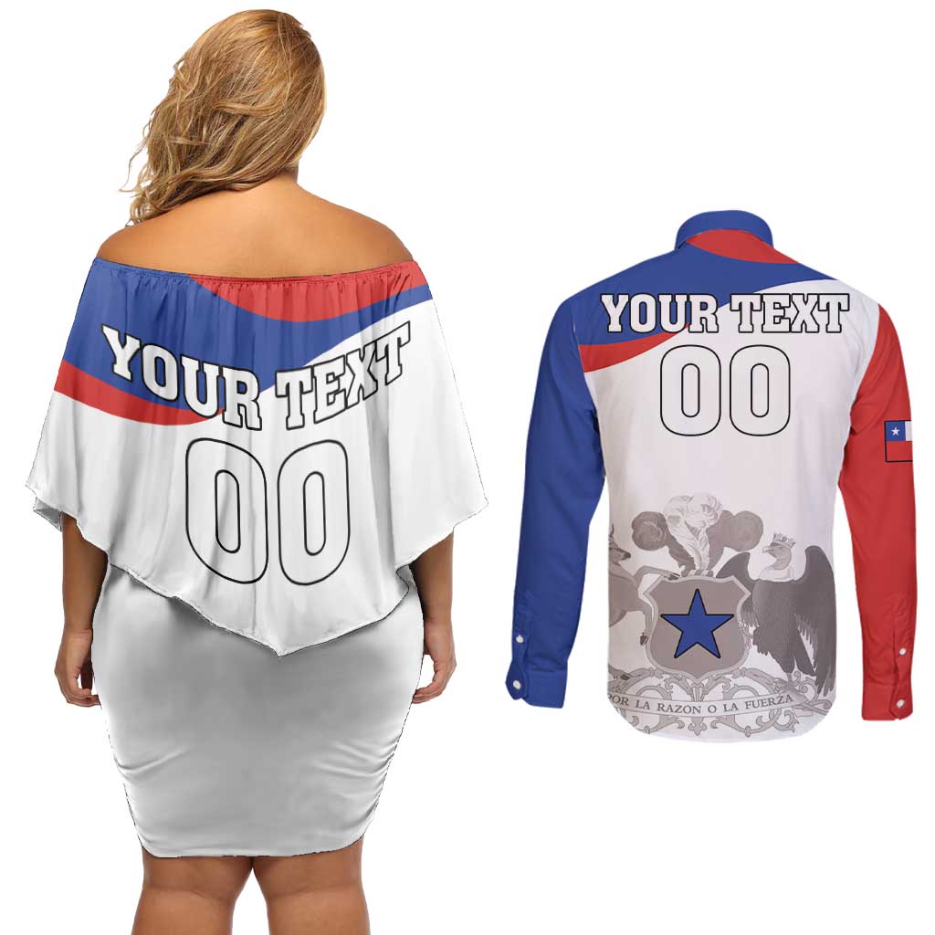 Custom Fiestas Patrias Chile Couples Matching Off Shoulder Short Dress and Long Sleeve Button Shirt Coat Of Arms - Wonder Print Shop