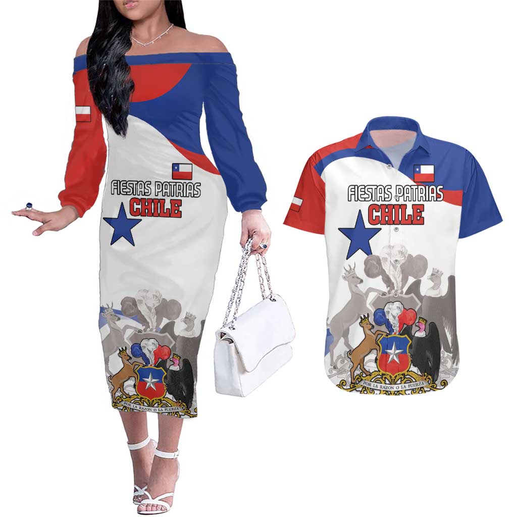 Custom Fiestas Patrias Chile Couples Matching Off The Shoulder Long Sleeve Dress and Hawaiian Shirt Coat Of Arms - Wonder Print Shop