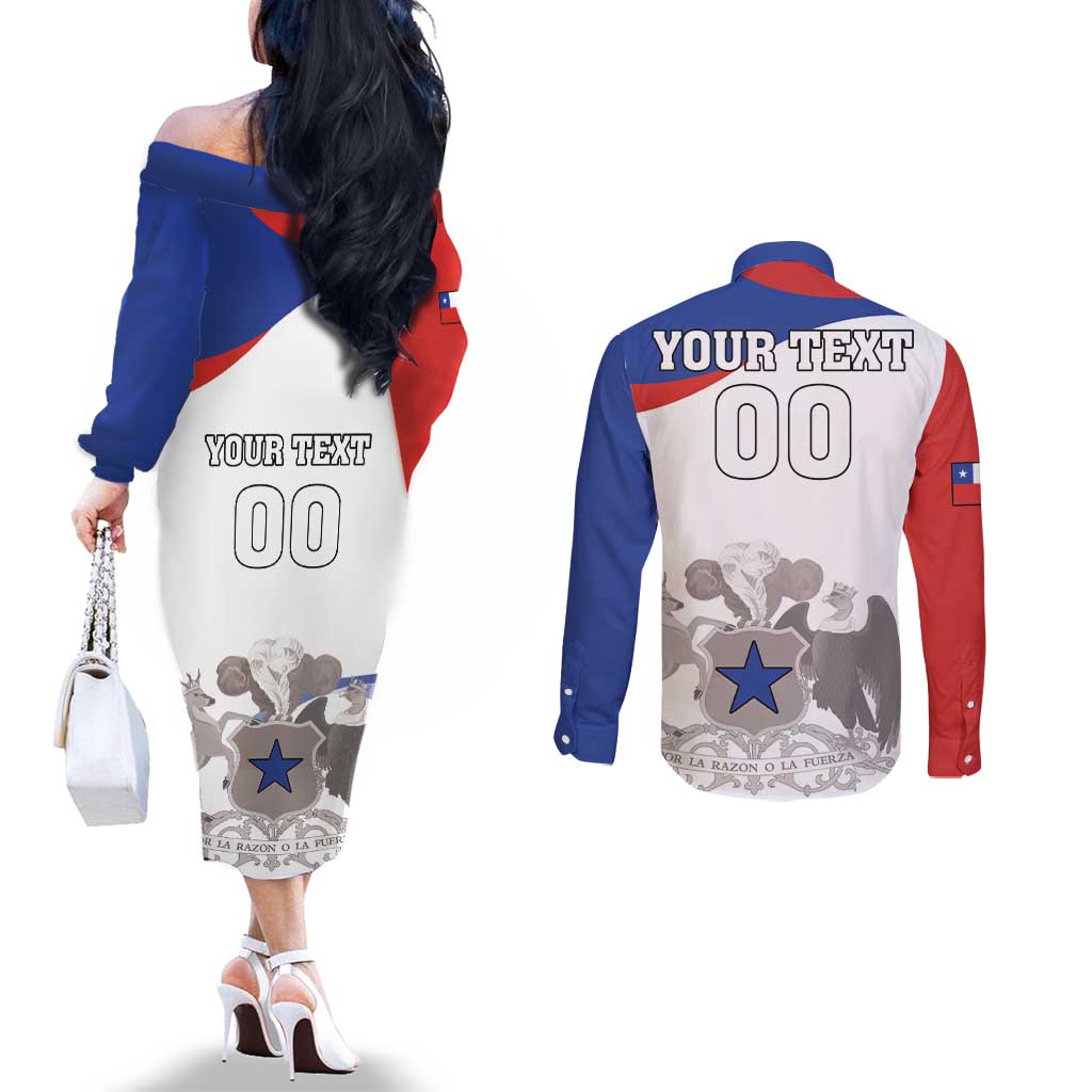 Custom Fiestas Patrias Chile Couples Matching Off The Shoulder Long Sleeve Dress and Long Sleeve Button Shirt Coat Of Arms