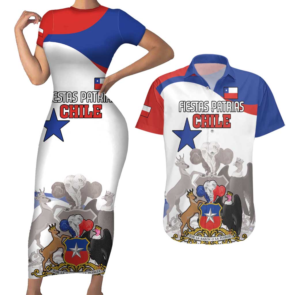 Custom Fiestas Patrias Chile Couples Matching Short Sleeve Bodycon Dress and Hawaiian Shirt Coat Of Arms - Wonder Print Shop
