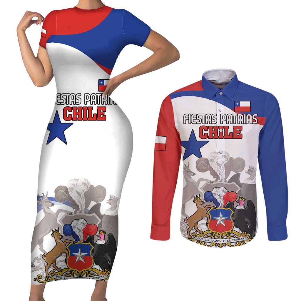 Custom Fiestas Patrias Chile Couples Matching Short Sleeve Bodycon Dress and Long Sleeve Button Shirt Coat Of Arms - Wonder Print Shop