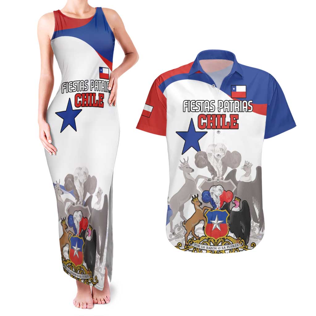 Custom Fiestas Patrias Chile Couples Matching Tank Maxi Dress and Hawaiian Shirt Coat Of Arms - Wonder Print Shop