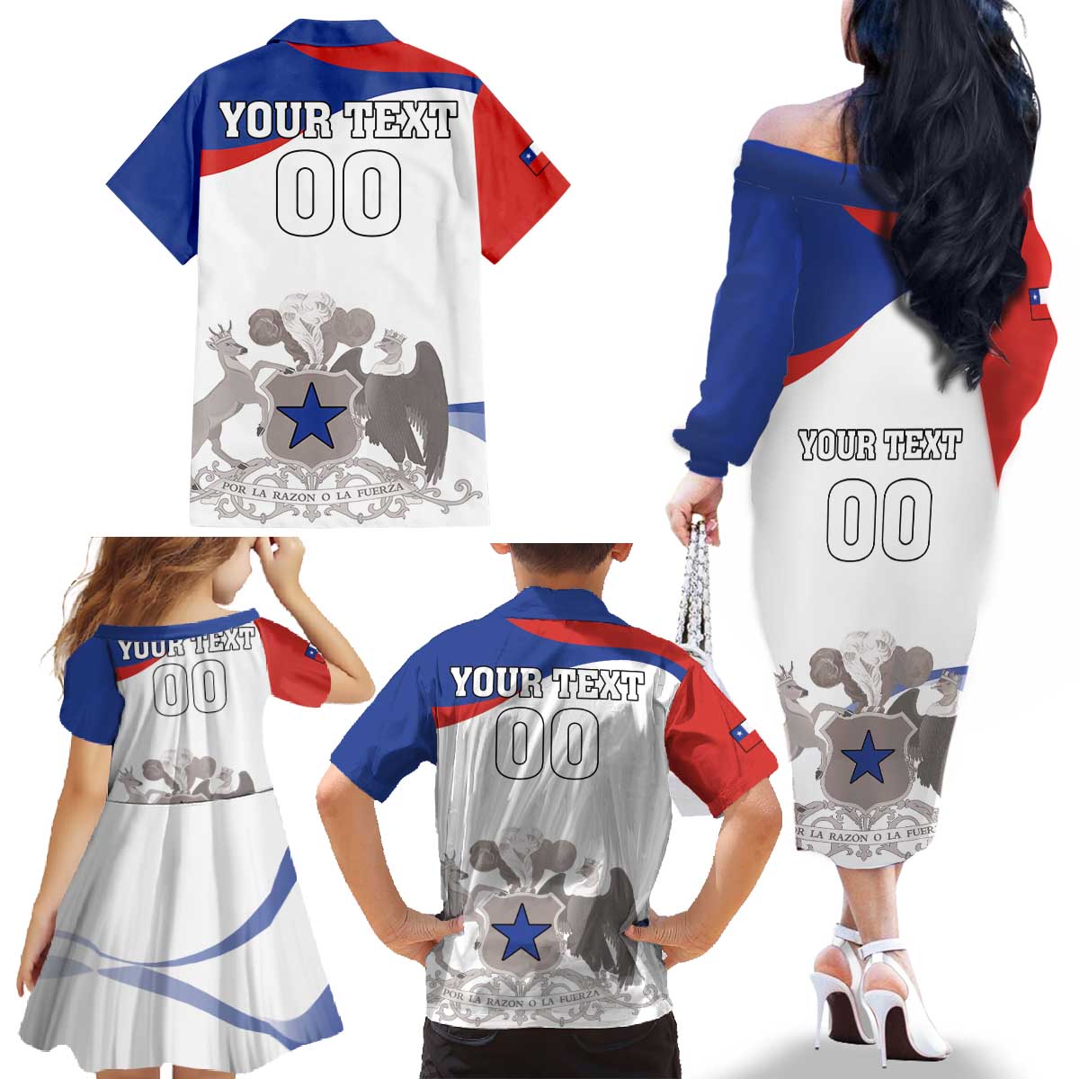 Custom Fiestas Patrias Chile Family Matching Off The Shoulder Long Sleeve Dress and Hawaiian Shirt Coat Of Arms - Wonder Print Shop