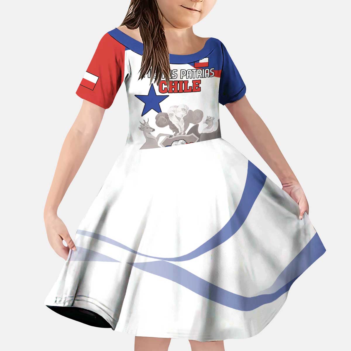 Custom Fiestas Patrias Chile Kid Short Sleeve Dress Coat Of Arms - Wonder Print Shop