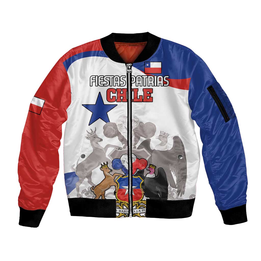 Custom Fiestas Patrias Chile Sleeve Zip Bomber Jacket Coat Of Arms - Wonder Print Shop
