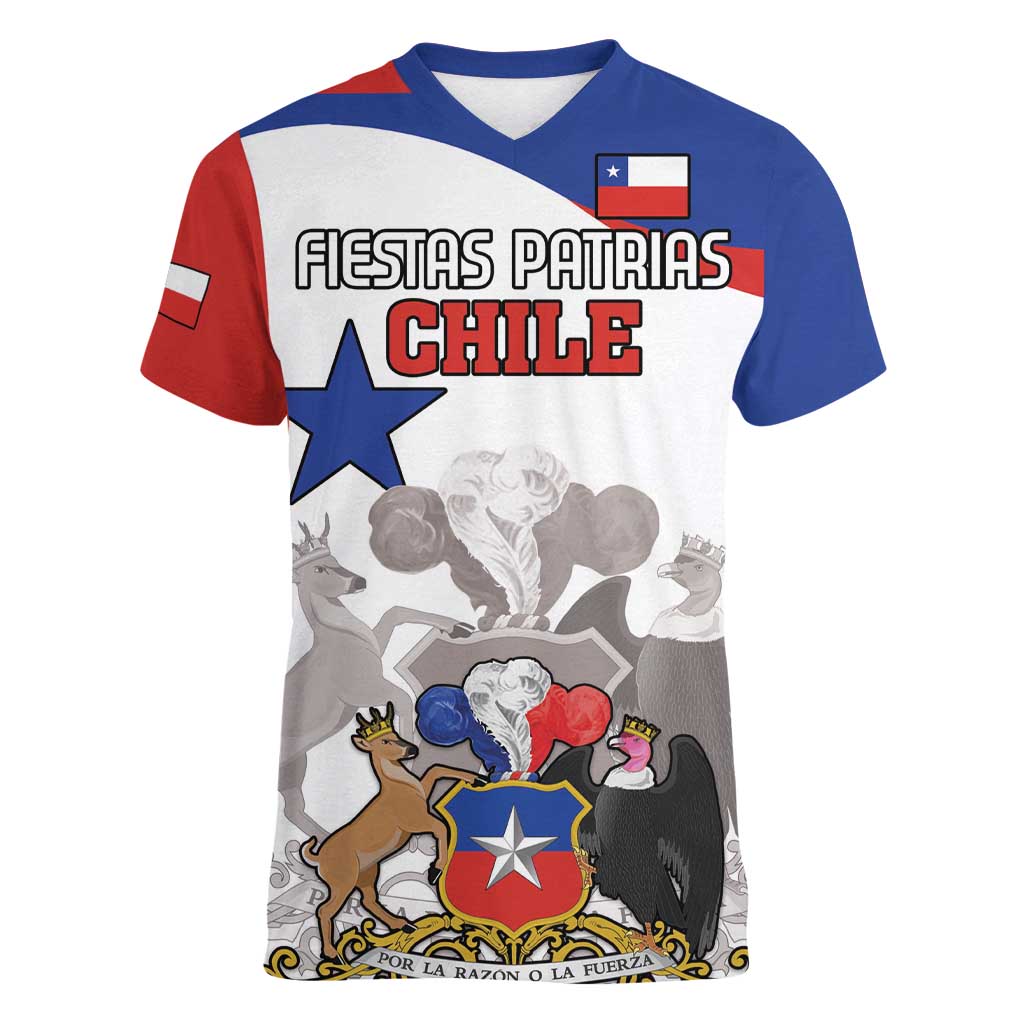 Custom Fiestas Patrias Chile Women V-Neck T-Shirt Coat Of Arms - Wonder Print Shop