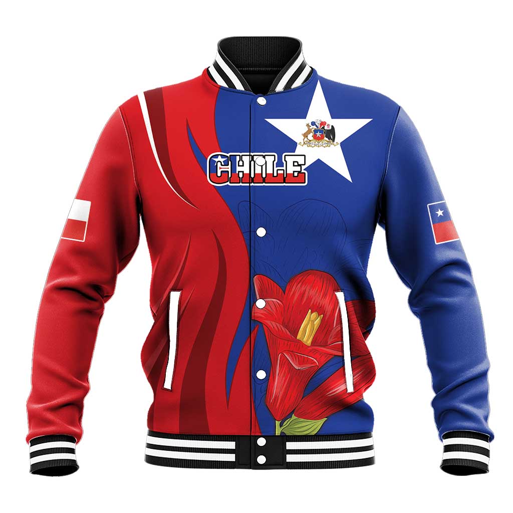 Custom Chile Independence Day Baseball Jacket Lapageria Flower With Coat Of Arms - Wonder Print Shop