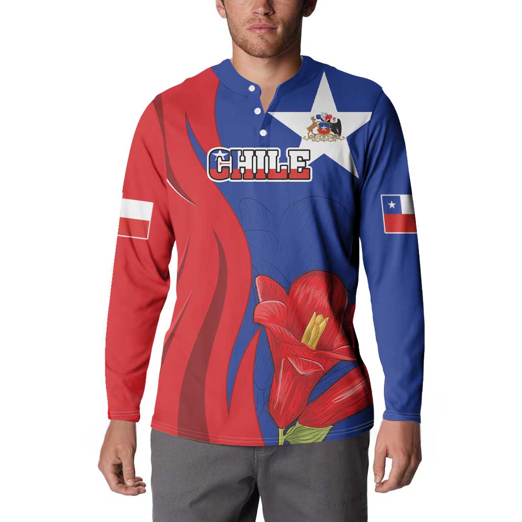 Custom Chile Independence Day Button Sweatshirt Lapageria Flower With Coat Of Arms - Wonder Print Shop