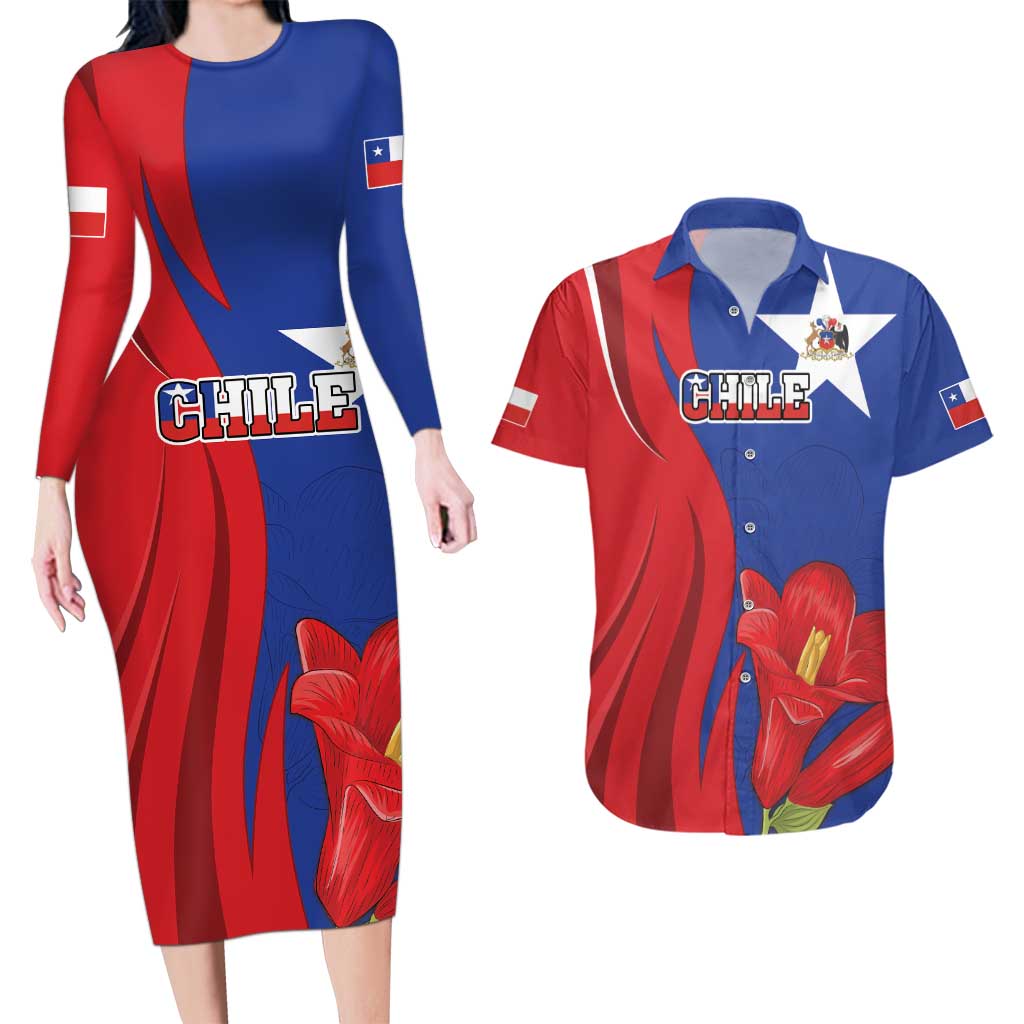 Custom Chile Independence Day Couples Matching Long Sleeve Bodycon Dress and Hawaiian Shirt Lapageria Flower With Coat Of Arms - Wonder Print Shop