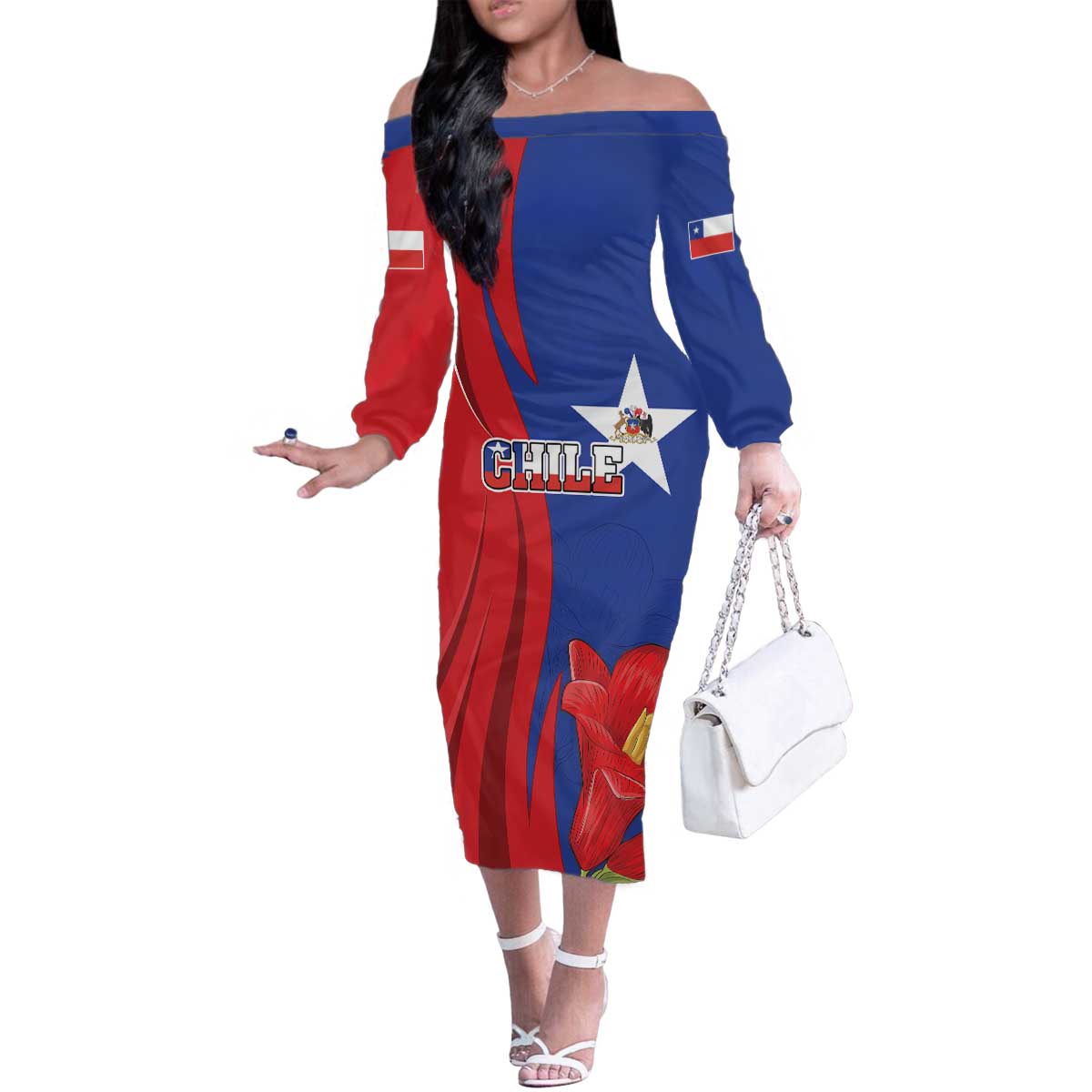 Custom Chile Independence Day Family Matching Off The Shoulder Long Sleeve Dress and Hawaiian Shirt Lapageria Flower With Coat Of Arms - Wonder Print Shop