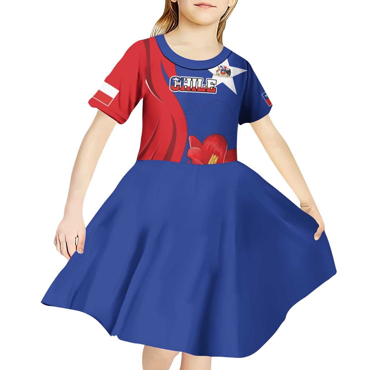 Custom Chile Independence Day Kid Short Sleeve Dress Lapageria Flower With Coat Of Arms - Wonder Print Shop