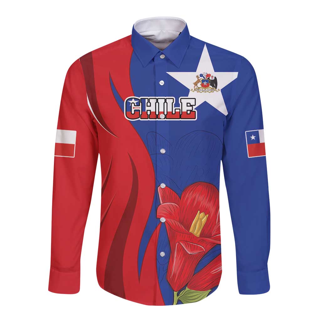 Custom Chile Independence Day Long Sleeve Button Shirt Lapageria Flower With Coat Of Arms - Wonder Print Shop