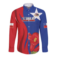 Custom Chile Independence Day Long Sleeve Button Shirt Lapageria Flower With Coat Of Arms - Wonder Print Shop