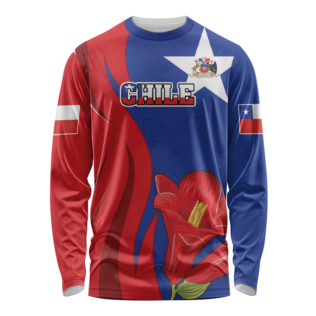 Custom Chile Independence Day Long Sleeve Shirt Lapageria Flower With Coat Of Arms - Wonder Print Shop