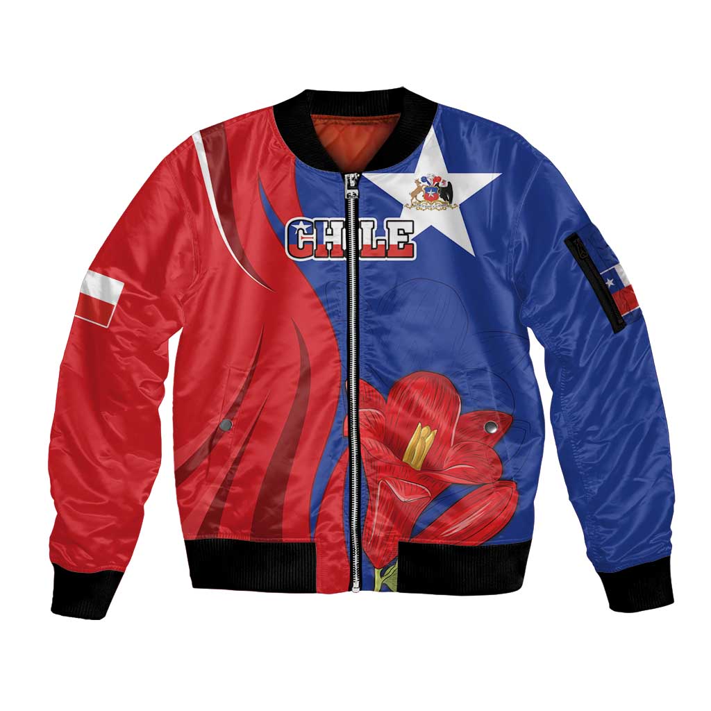 Custom Chile Independence Day Sleeve Zip Bomber Jacket Lapageria Flower With Coat Of Arms - Wonder Print Shop