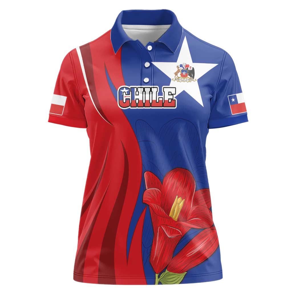 Custom Chile Independence Day Women Polo Shirt Lapageria Flower With Coat Of Arms - Wonder Print Shop