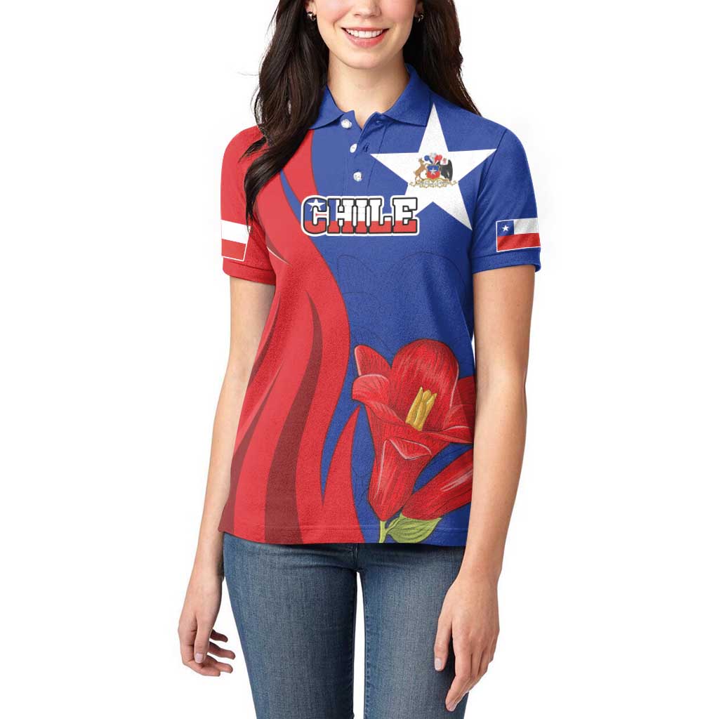 Custom Chile Independence Day Women Polo Shirt Lapageria Flower With Coat Of Arms - Wonder Print Shop