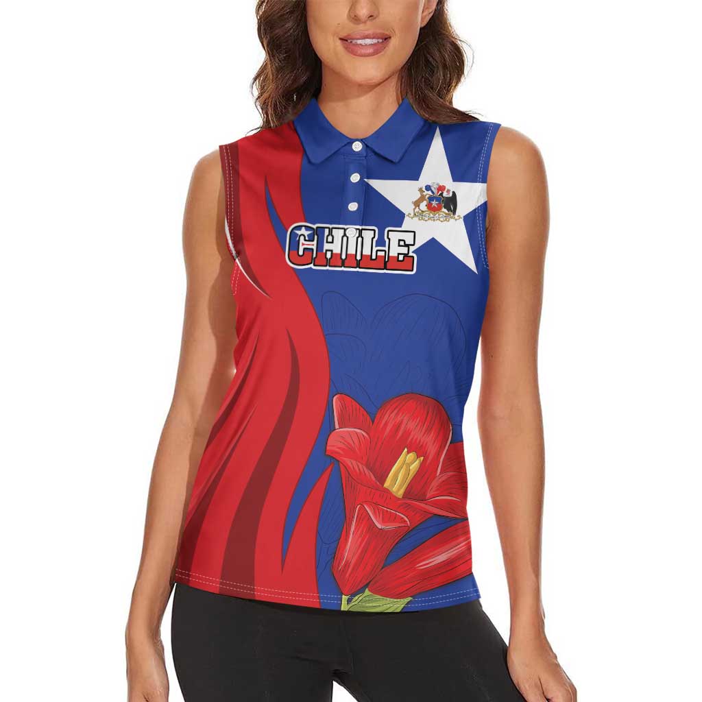 Custom Chile Independence Day Women Sleeveless Polo Shirt Lapageria Flower With Coat Of Arms - Wonder Print Shop