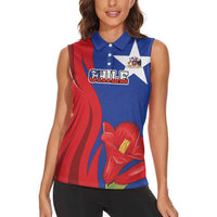 Custom Chile Independence Day Women Sleeveless Polo Shirt Lapageria Flower With Coat Of Arms - Wonder Print Shop